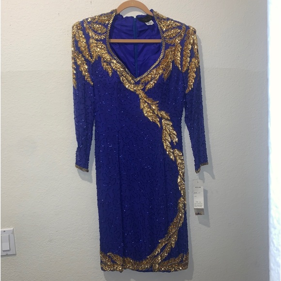 Women’s Veelam Silk Blue Gown Dress Gold Beaded Sequin Size Medium New NWT - Picture 1 of 11